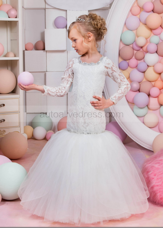 Mermaid Ivory Lace Tulle Floor Length Beaded Flower Girl Dress